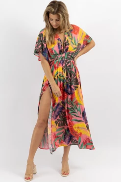 OLIVACEOUS NEW ARRIVALS PINK TROPICS SIDE SLIT MAXI DRESS