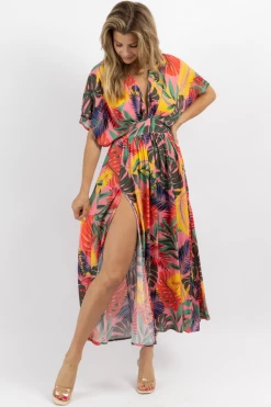 OLIVACEOUS NEW ARRIVALS PINK TROPICS SIDE SLIT MAXI DRESS