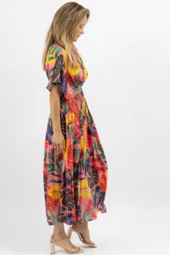 OLIVACEOUS NEW ARRIVALS PINK TROPICS SIDE SLIT MAXI DRESS