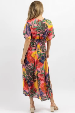 OLIVACEOUS NEW ARRIVALS PINK TROPICS SIDE SLIT MAXI DRESS