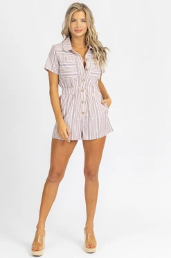 PROMESA PINK + BLUE STRIPED WOVEN ROMPER CLOTHING