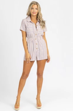 PROMESA PINK + BLUE STRIPED WOVEN ROMPER CLOTHING