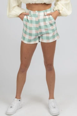 VENTI6 NEW ARRIVALS PINK + GREEN CHECKERED SHORTS