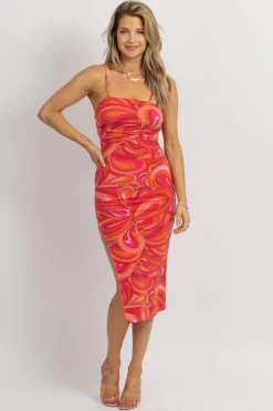 OLIVACEOUS SALMON + ORANGE PRINT MIDI DRESS NEW ARRIVALS
