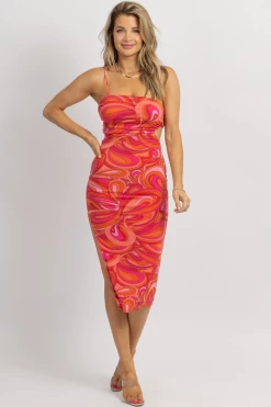 OLIVACEOUS SALMON + ORANGE PRINT MIDI DRESS NEW ARRIVALS