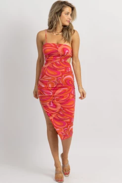 OLIVACEOUS SALMON + ORANGE PRINT MIDI DRESS NEW ARRIVALS