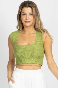 POLAGRAM PISTACHIO KNIT CROSS-TIE BACK CROP TOP NEW ARRIVALS