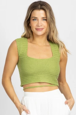 POLAGRAM PISTACHIO KNIT CROSS-TIE BACK CROP TOP NEW ARRIVALS