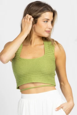 POLAGRAM PISTACHIO KNIT CROSS-TIE BACK CROP TOP NEW ARRIVALS
