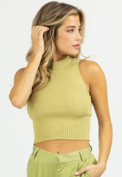 POLAGRAM NEW ARRIVALS PISTACHIO RIBBED SLEEVELESS MOCK NECK TOP