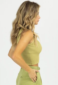 POLAGRAM NEW ARRIVALS PISTACHIO RIBBED SLEEVELESS MOCK NECK TOP