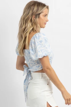 LE LIS POWDER BLUE PUFF SLEEVE WRAP CROP TOP NEW ARRIVALS
