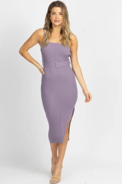ENDLESS BLU NEW ARRIVALS PURPLE BELTED KNIT MIDI DRESS