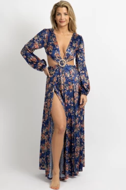 LUXXEL ROYAL BLUE FLORAL-VELVET SLIT MAXI DRESS NEW ARRIVALS