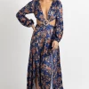 LUXXEL ROYAL BLUE FLORAL-VELVET SLIT MAXI DRESS NEW ARRIVALS