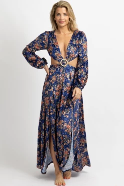 LUXXEL ROYAL BLUE FLORAL-VELVET SLIT MAXI DRESS NEW ARRIVALS