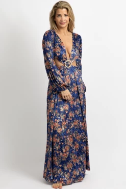 LUXXEL ROYAL BLUE FLORAL-VELVET SLIT MAXI DRESS NEW ARRIVALS