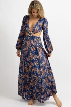 LUXXEL ROYAL BLUE FLORAL-VELVET SLIT MAXI DRESS NEW ARRIVALS