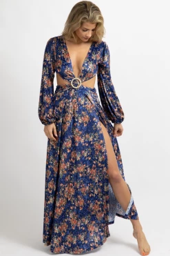 LUXXEL ROYAL BLUE FLORAL-VELVET SLIT MAXI DRESS NEW ARRIVALS