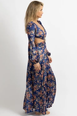 LUXXEL ROYAL BLUE FLORAL-VELVET SLIT MAXI DRESS NEW ARRIVALS