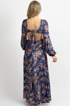 LUXXEL ROYAL BLUE FLORAL-VELVET SLIT MAXI DRESS NEW ARRIVALS