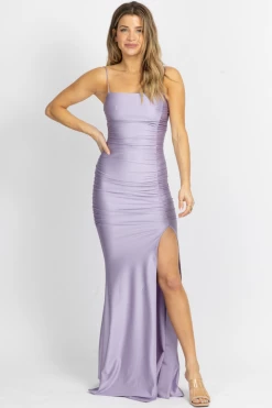 LOVELY DAY NEW ARRIVALS PURPLE SIDE RUCHED SLIT MAXI DRESS