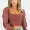 BLUE BLUSH RAISIN SQUARENECK CUFFED PUFF SLEEVE TOP NEW ARRIVALS
