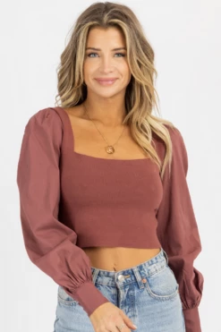 BLUE BLUSH RAISIN SQUARENECK CUFFED PUFF SLEEVE TOP NEW ARRIVALS