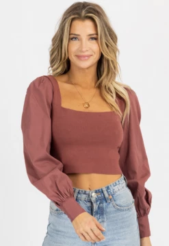 BLUE BLUSH RAISIN SQUARENECK CUFFED PUFF SLEEVE TOP NEW ARRIVALS