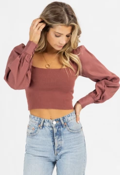 BLUE BLUSH RAISIN SQUARENECK CUFFED PUFF SLEEVE TOP NEW ARRIVALS