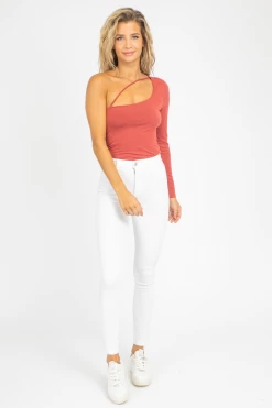 FINAL TOUCH MARSALA ONE SHOULDER DIAGONAL STRAP TOP CLOTHING