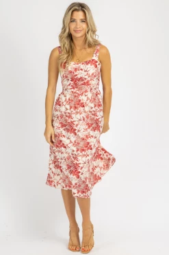 SUNDAY UP CLOTHING RED FLORAL ZIP BACK MIDI DRESS