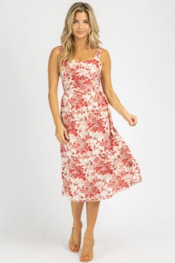 SUNDAY UP CLOTHING RED FLORAL ZIP BACK MIDI DRESS