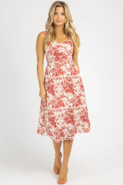 SUNDAY UP CLOTHING RED FLORAL ZIP BACK MIDI DRESS