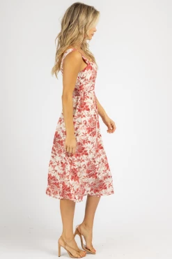 SUNDAY UP CLOTHING RED FLORAL ZIP BACK MIDI DRESS