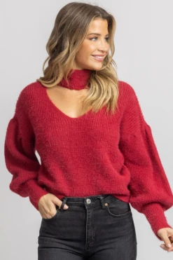 ENDLESS BLU RED FUZZY OPEN NECK TURTLENECK SWEATER NEW ARRIVALS