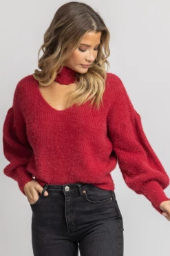 ENDLESS BLU RED FUZZY OPEN NECK TURTLENECK SWEATER NEW ARRIVALS