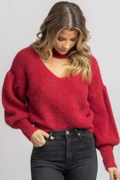 ENDLESS BLU RED FUZZY OPEN NECK TURTLENECK SWEATER NEW ARRIVALS