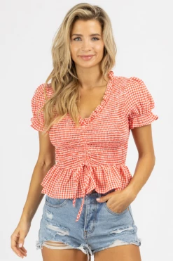 STYLE U RED GINGHAM SMOCKED PEPLUM TOP CLOTHING