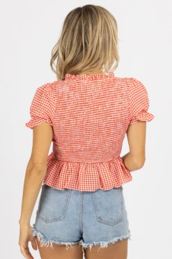 STYLE U RED GINGHAM SMOCKED PEPLUM TOP CLOTHING 7 STYLE U RED GINGHAM SMOCKED PEPLUM TOP CLOTHING