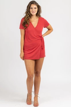 DEE ELLY RED FRONT TIE WRAP ROMPER CLOTHING