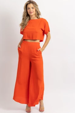 FORE COLLECTION TOMATO RED CROP + ASYMMETRIC HEM PANT SET