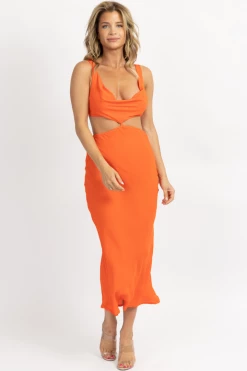 OLIVACEOUS NEW ARRIVALS ORANGE BACK TIE SLEEVELESS MIDI DRESS