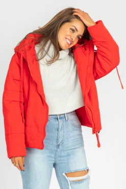 DRESS FORUM CLOTHING RED PUFFER DRAWSTRING JACKET