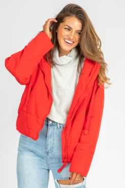 DRESS FORUM CLOTHING RED PUFFER DRAWSTRING JACKET