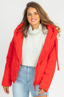 DRESS FORUM CLOTHING RED PUFFER DRAWSTRING JACKET