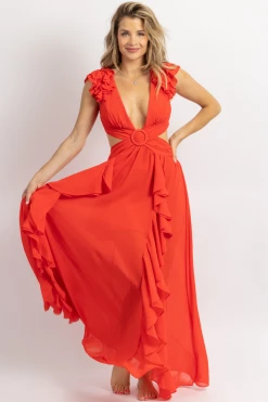 LUXXEL NEW ARRIVALS RED RUFFLED BUCKLE OPEN BACK MAXI DRESS *BACK IN STOCK* 7 LUXXEL NEW ARRIVALS RED RUFFLED BUCKLE OPEN BACK MAXI DRESS *BACK IN STOCK*