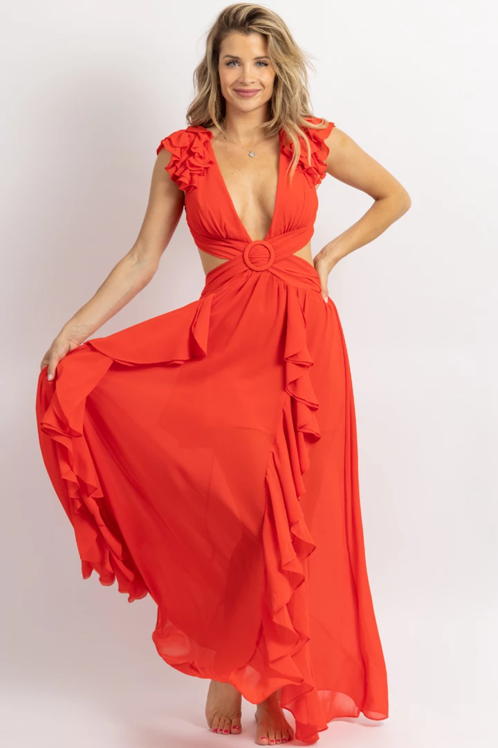 LUXXEL NEW ARRIVALS RED RUFFLED BUCKLE OPEN BACK MAXI DRESS *BACK IN STOCK* 3 LUXXEL NEW ARRIVALS RED RUFFLED BUCKLE OPEN BACK MAXI DRESS *BACK IN STOCK*
