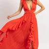 LUXXEL NEW ARRIVALS RED RUFFLED BUCKLE OPEN BACK MAXI DRESS *BACK IN STOCK*