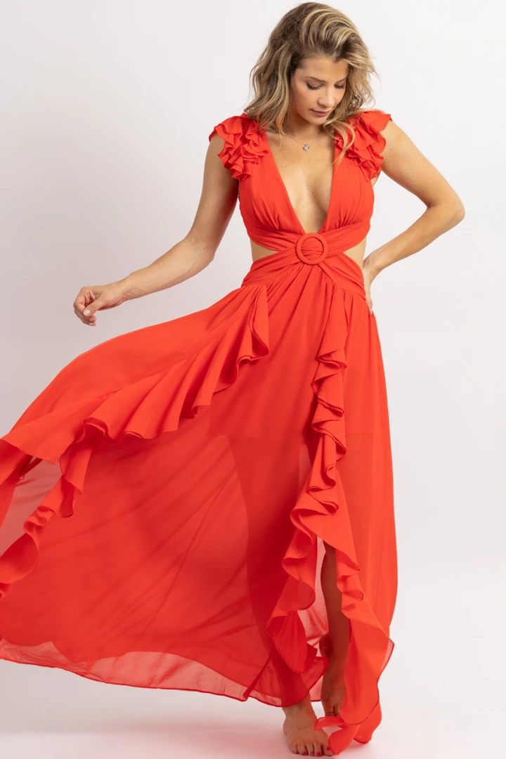 LUXXEL NEW ARRIVALS RED RUFFLED BUCKLE OPEN BACK MAXI DRESS *BACK IN STOCK* 1 LUXXEL NEW ARRIVALS RED RUFFLED BUCKLE OPEN BACK MAXI DRESS *BACK IN STOCK*